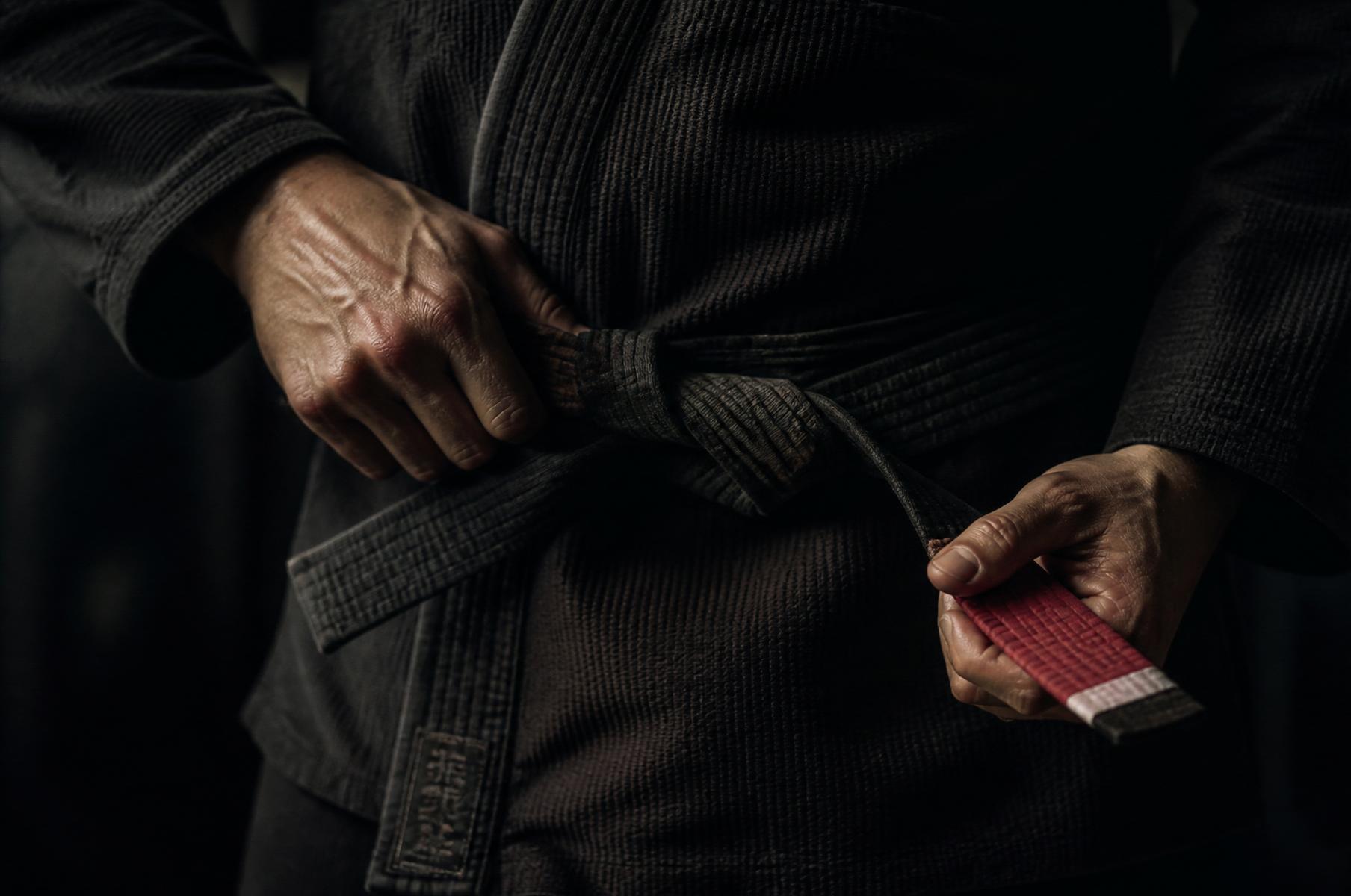 Instructor tying a black belt